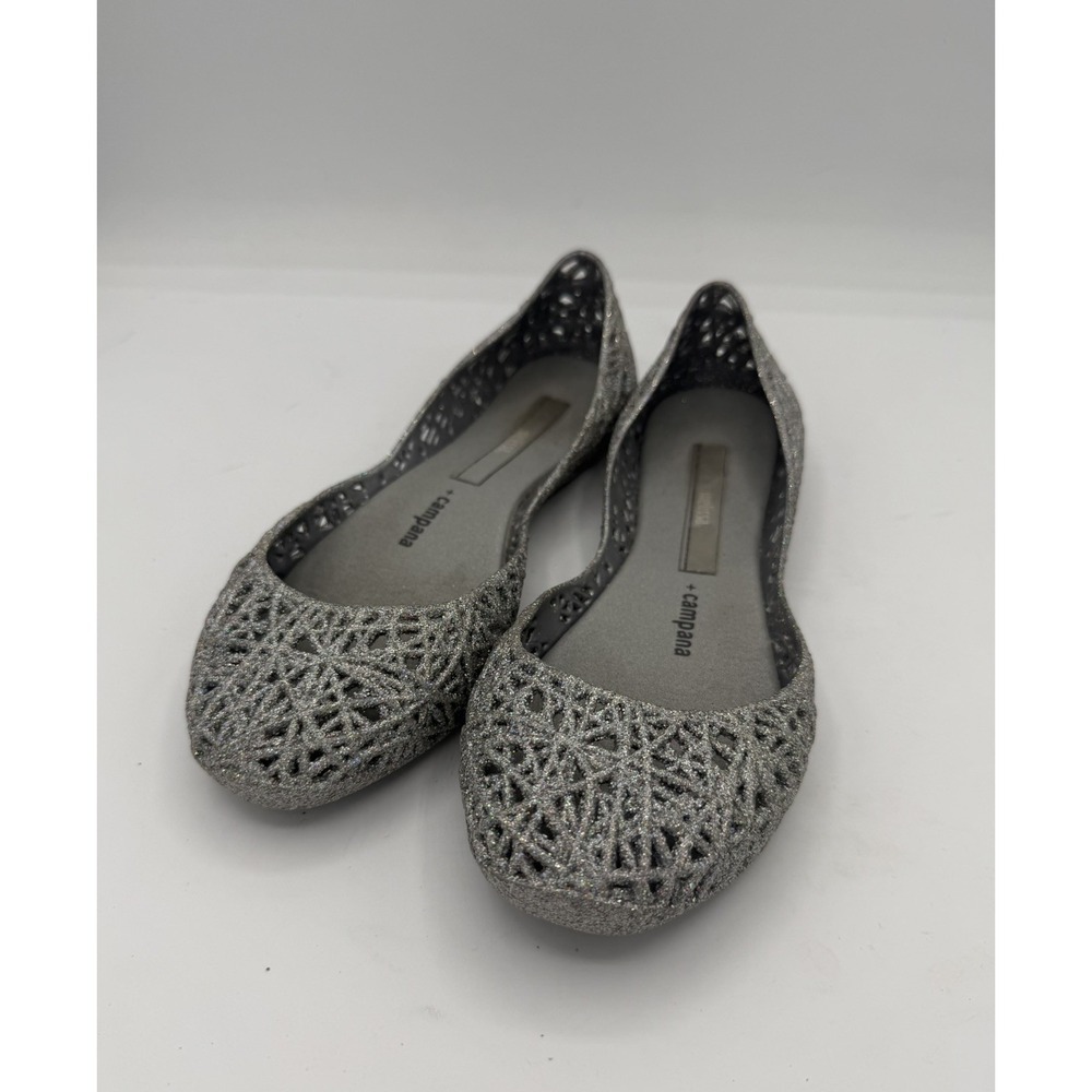 MELISSA CAMPANA ZIG ZAG IV SILVER GLITTER SLIPPERS GIRLS SIZE 2